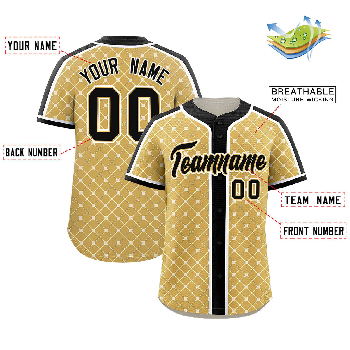 Custom Old Gold Black-White Personalized Plaid Design Authentic Baseball Jersey