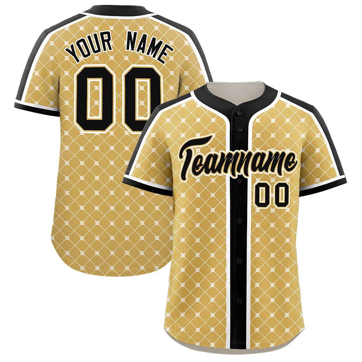 Custom Old Gold Black-White Personalized Plaid Design Authentic Baseball Jersey