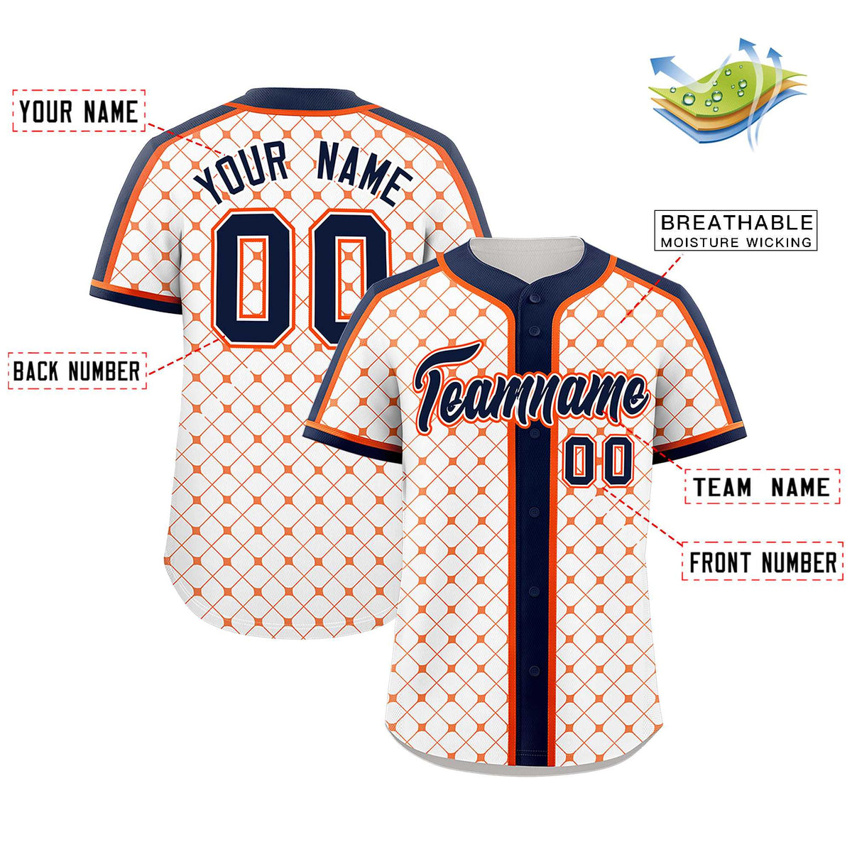 Custom White Navy-Orange Personalized Plaid Design Authentic Baseball Jersey
