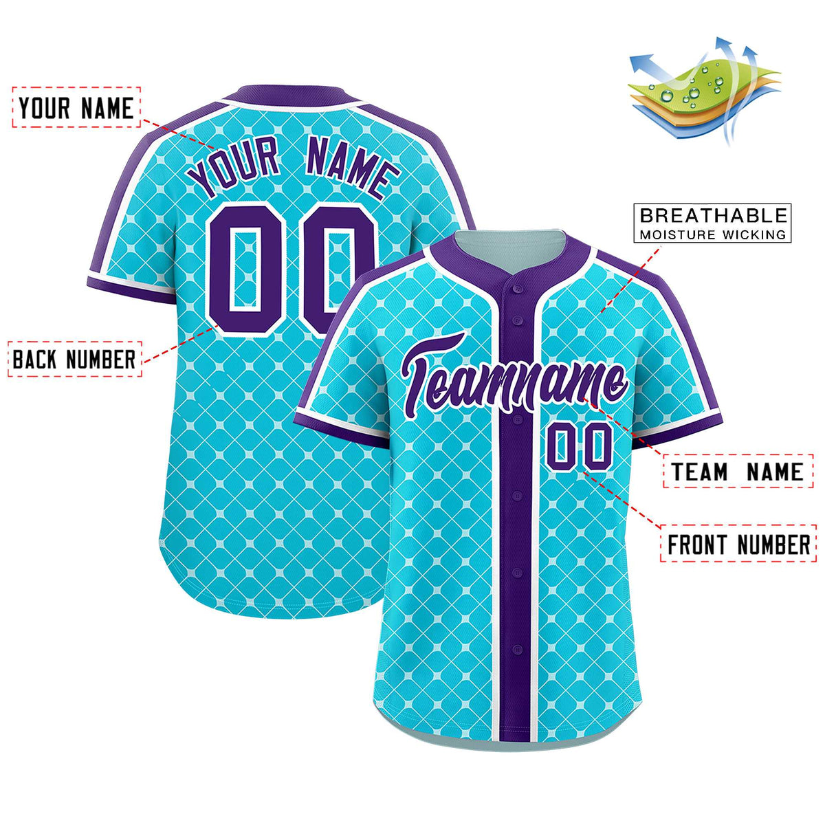 Custom Sky Blue Purple-White Personalized Plaid Design Authentic Baseball Jersey