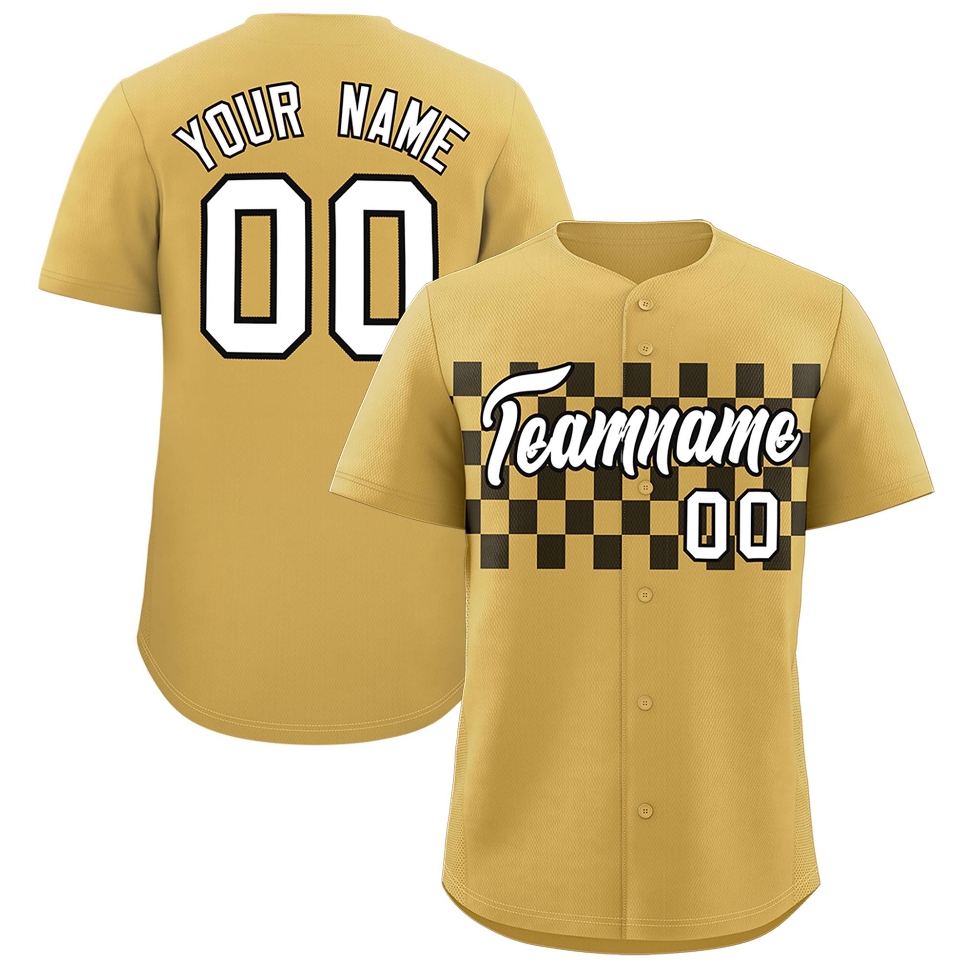 Custom Old Gold Black Personalized Plaid Fashion Design Authentic Baseball Jersey