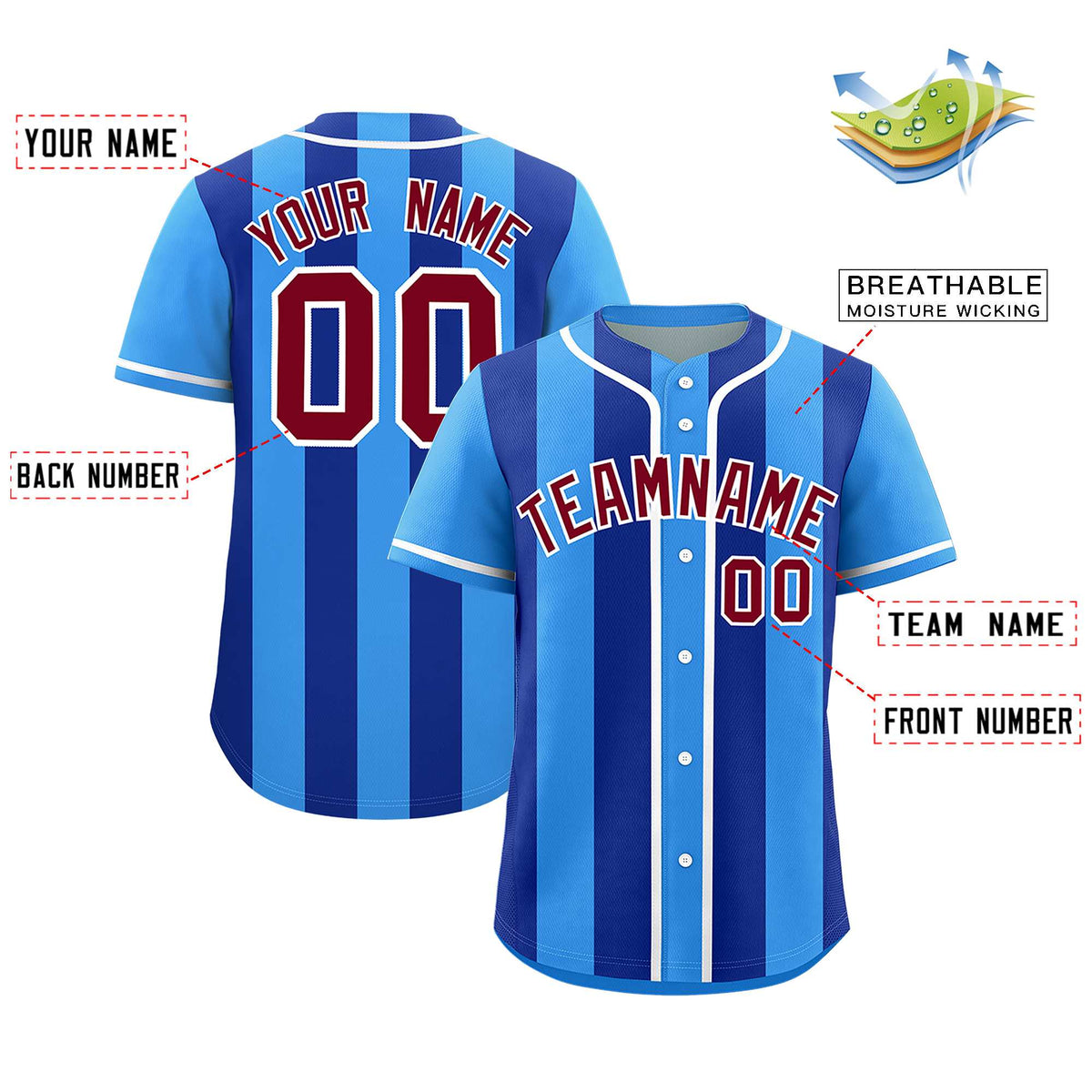 Custom Powder Blue Royal Thick Stripe Fashion Authentic Baseball jersey | KXKSHOP