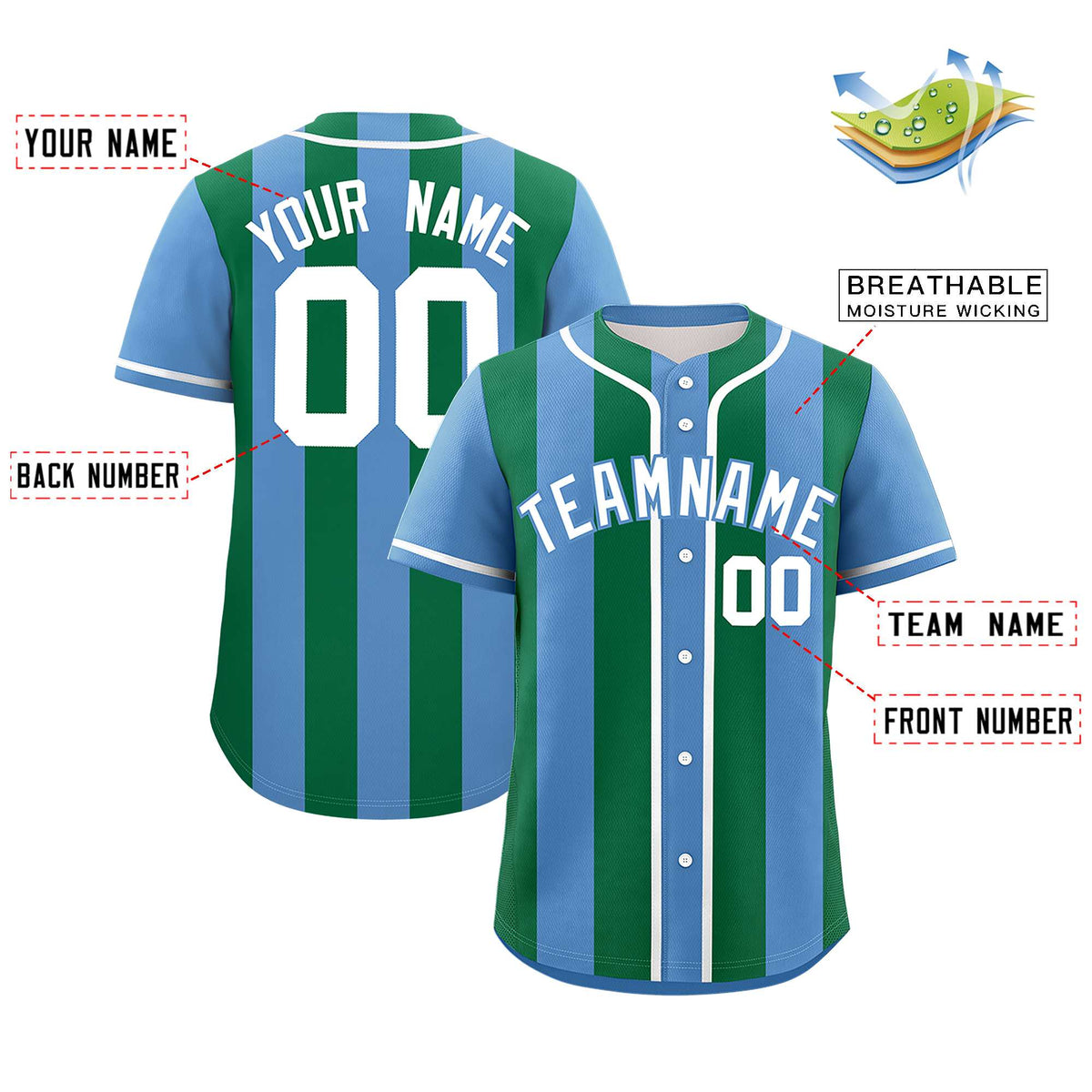 Custom Light Blue Kelly Green Thick Stripe Fashion Authentic Baseball jersey | KXKSHOP
