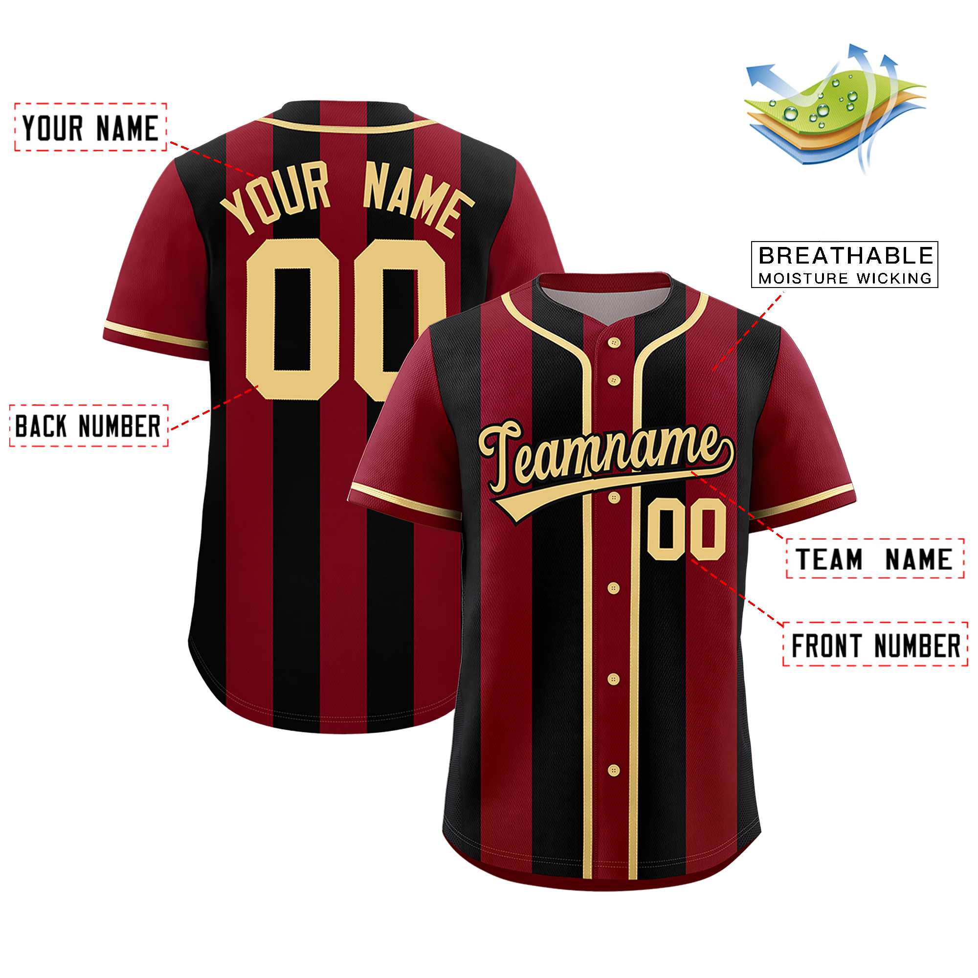 Custom Crimson Black Thick Stripe Fashion Authentic Baseball jersey | KXKSHOP