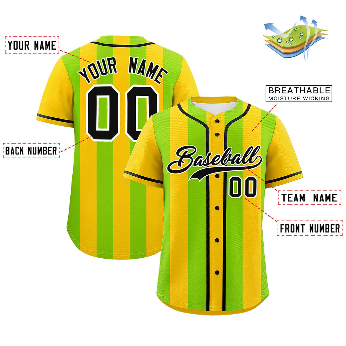 Custom Gold Neon Green Thick Stripe Fashion Authentic Baseball jersey | KXKSHOP