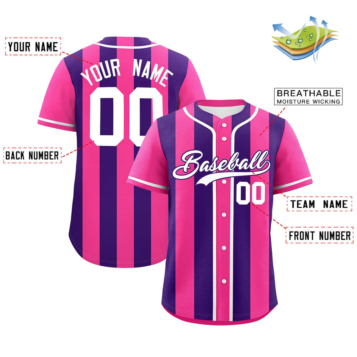 Custom Pink Purple Thick Stripe Fashion Authentic Baseball jersey | KXKSHOP