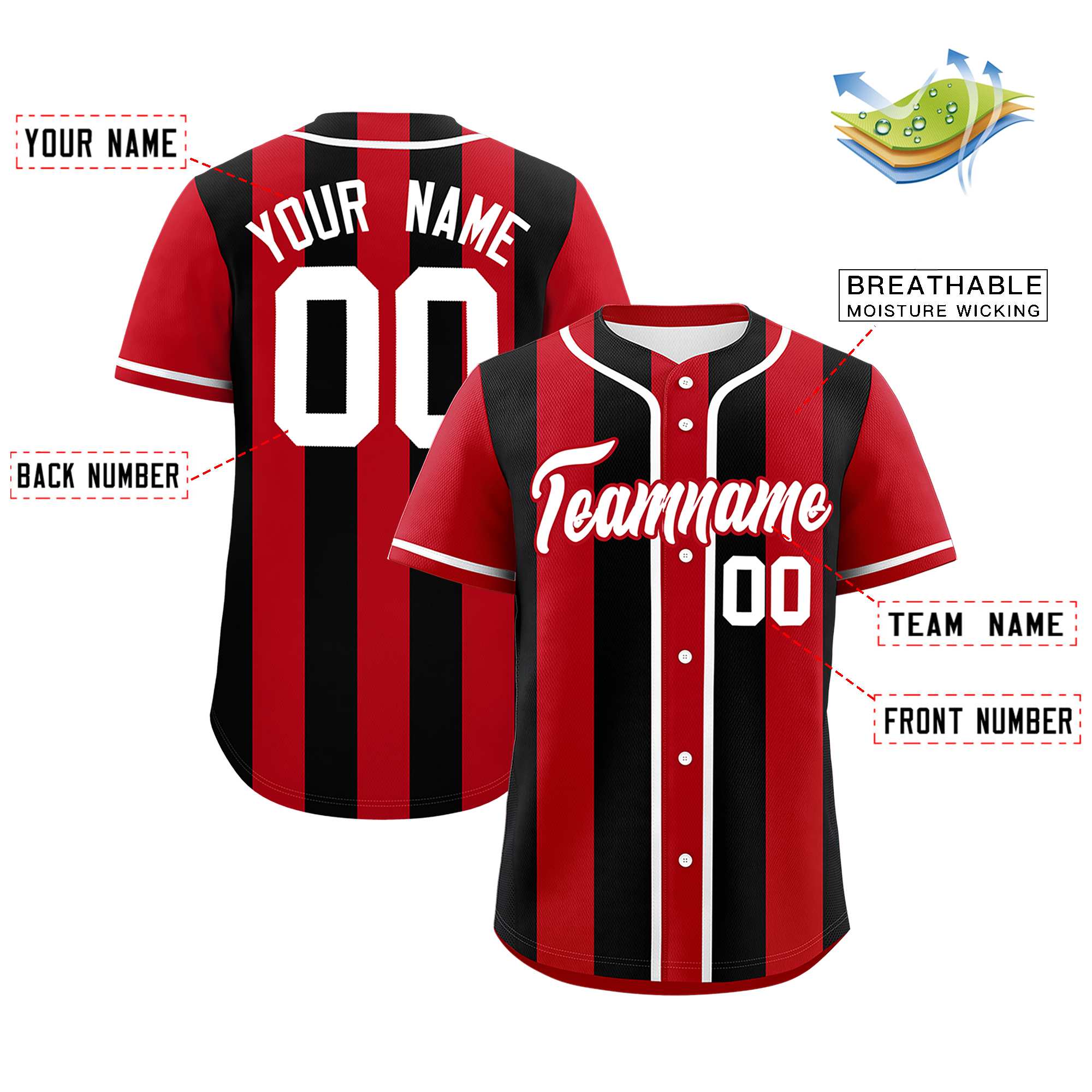 Custom Red Black Thick Stripe Fashion Authentic Baseball jersey | KXKSHOP