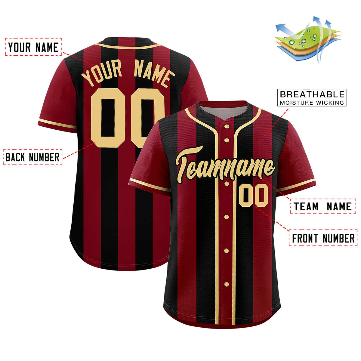 Custom Crimson Black Thick Stripe Fashion Authentic Baseball jersey | KXKSHOP