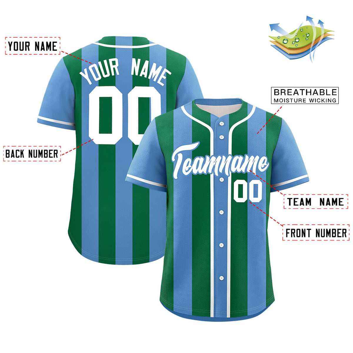 Custom Light Blue Kelly Green Thick Stripe Fashion Authentic Baseball jersey | KXKSHOP