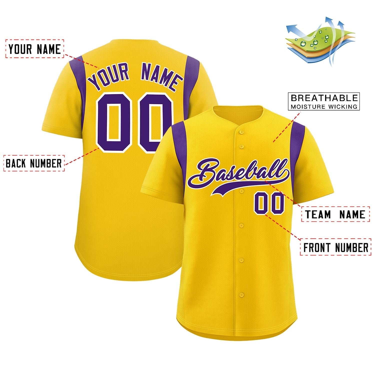 Custom Gold Purple Classic Style Personalized Full Button Authentic Baseball Jersey
