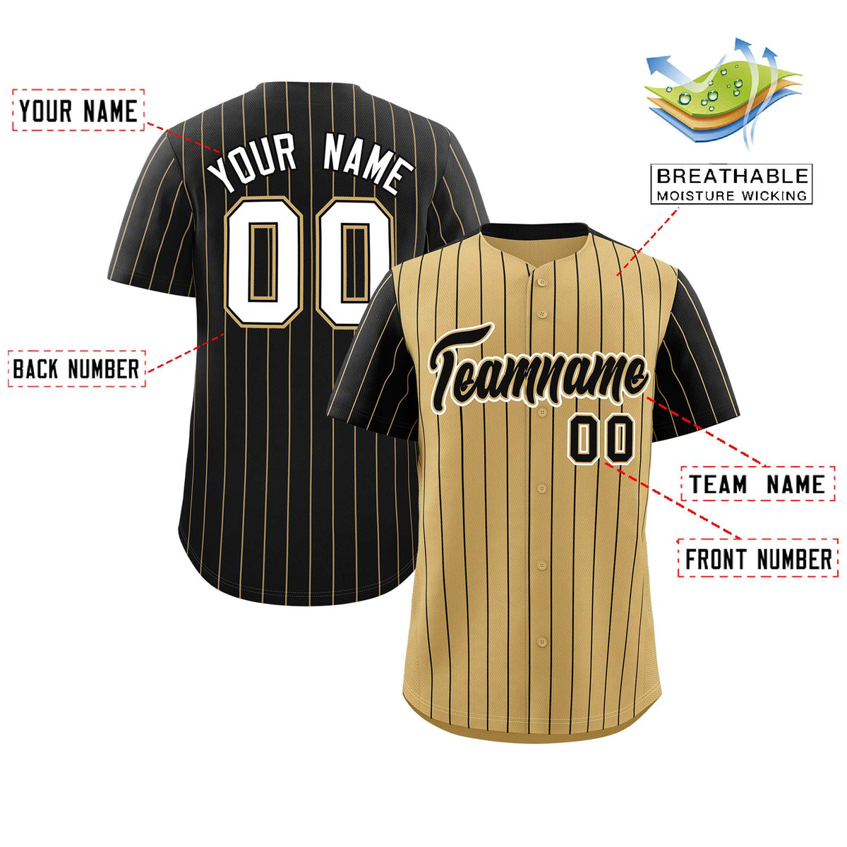 Custom Old Gold Black Pinstripe Personalized Raglan Sleeves Authentic Baseball Jersey