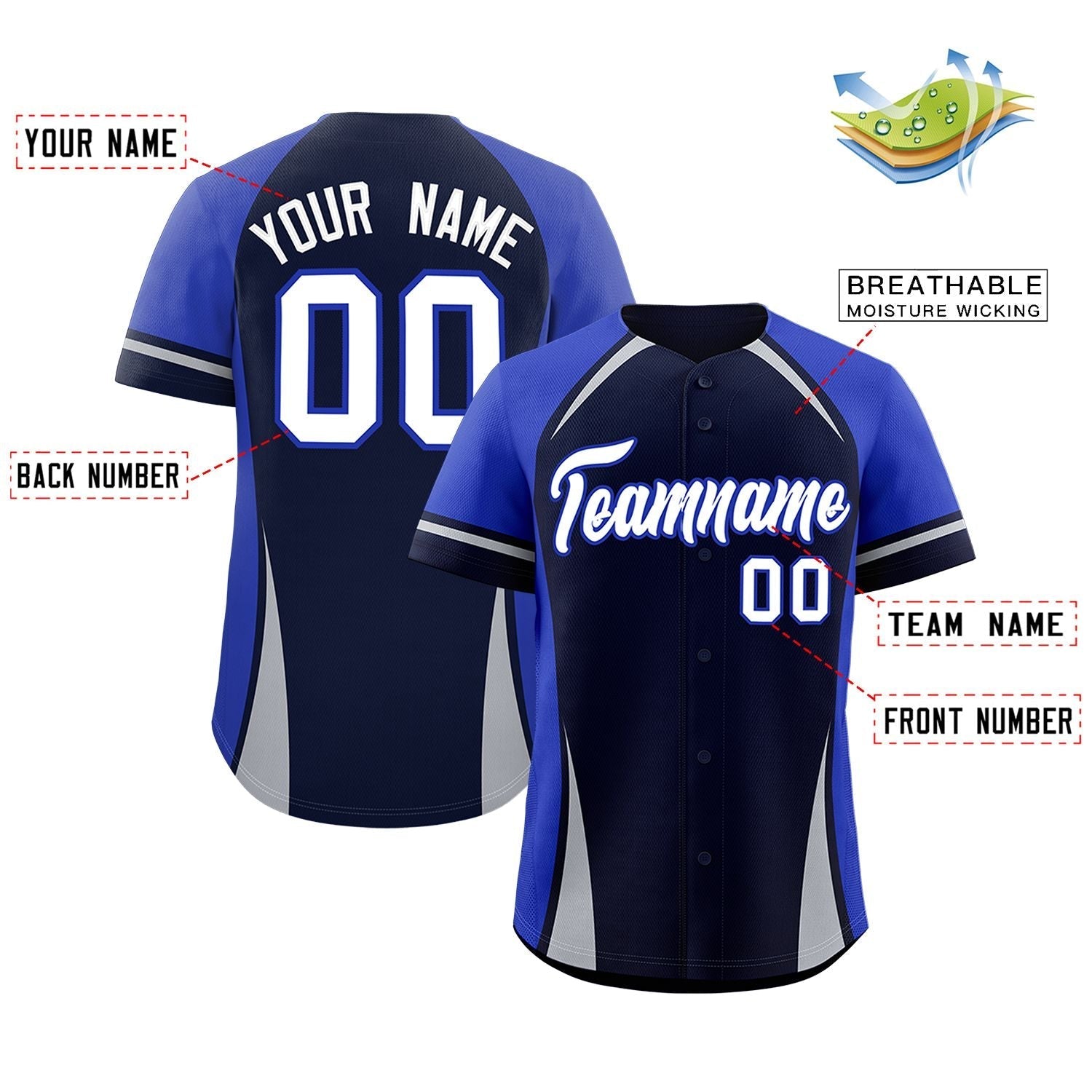 Custom Navy Royal-Gray Personalized Color Block Authentic Baseball Jersey