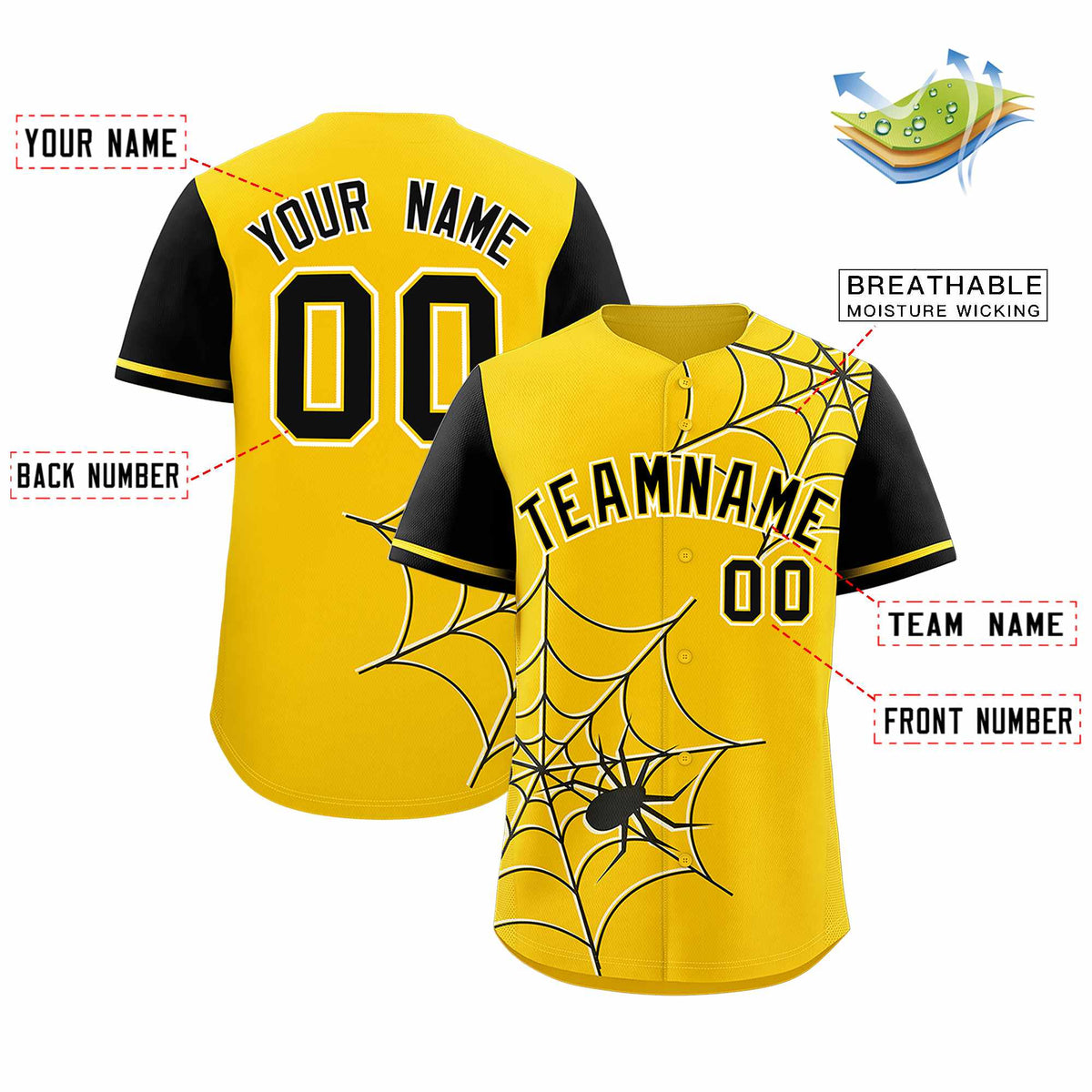 Custom Gold-Black Spider Web Pattern Raglan Sleeves Authentic Baseball Jersey | KXKSHOP