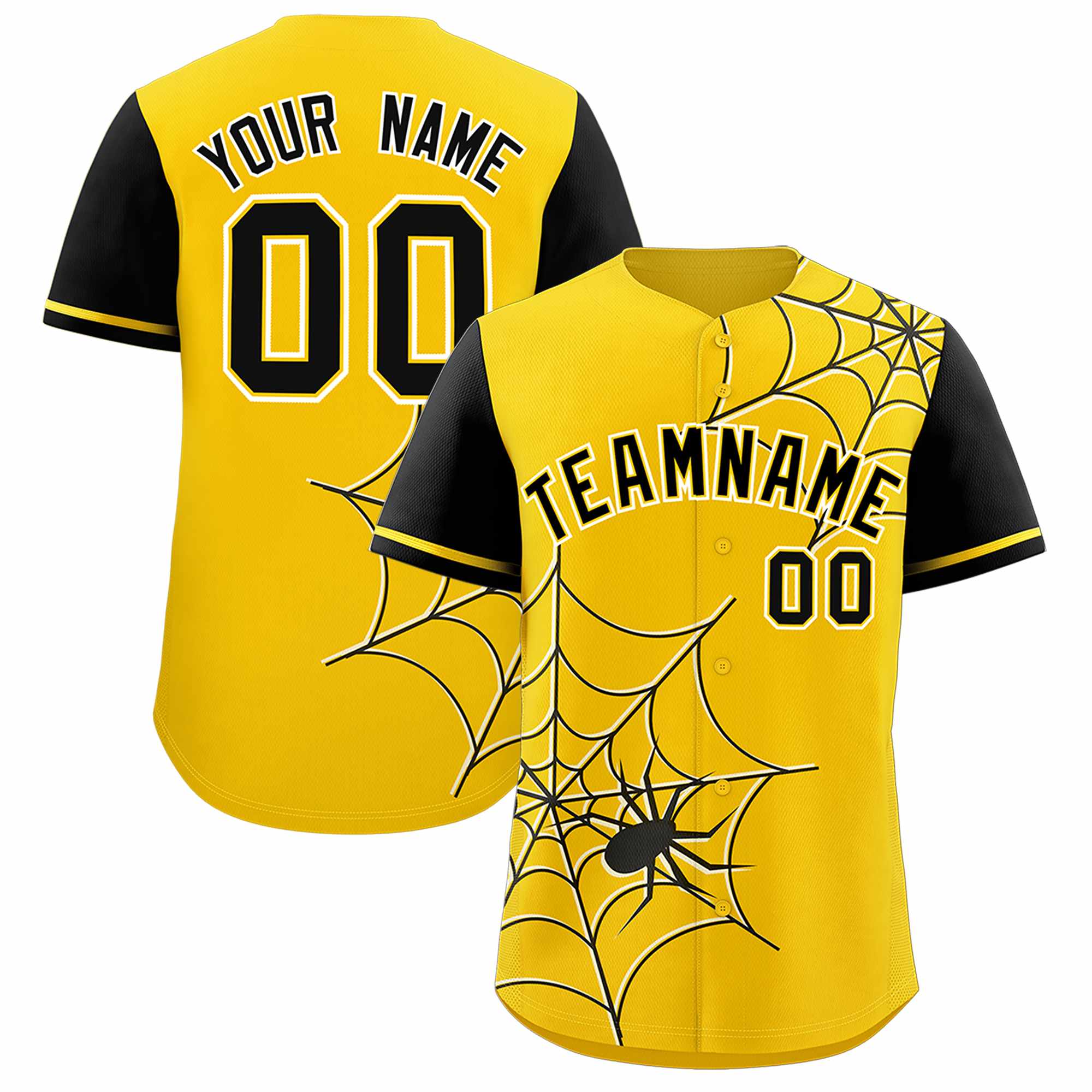 Custom Gold-Black Spider Web Pattern Raglan Sleeves Authentic Baseball Jersey | KXKSHOP