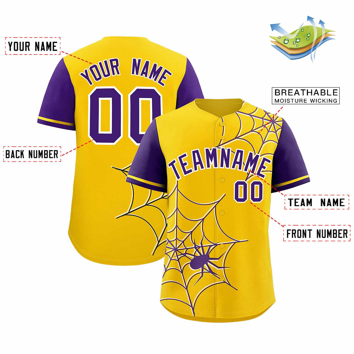 Custom Gold-Purple Spider Web Pattern Raglan Sleeves Authentic Baseball Jersey | KXKSHOP