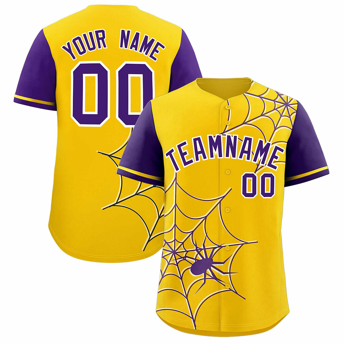 Custom Gold-Purple Spider Web Pattern Raglan Sleeves Authentic Baseball Jersey | KXKSHOP