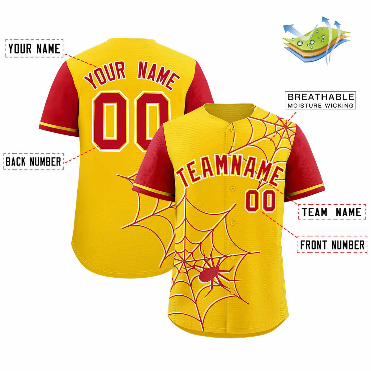 Custom Gold-Red Spider Web Pattern Raglan Sleeves Authentic Baseball Jersey | KXKSHOP