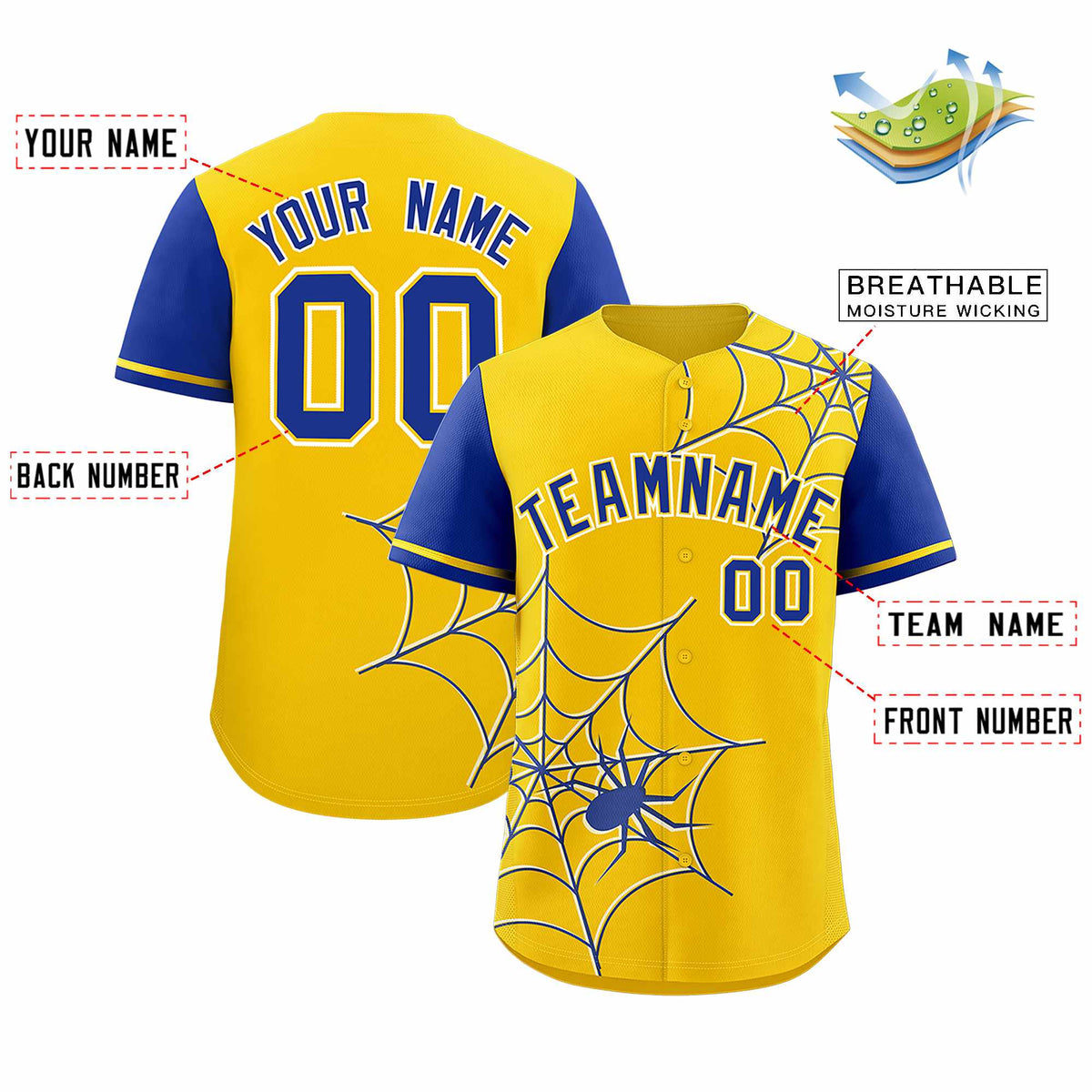 Custom Gold-Royal Spider Web Pattern Raglan Sleeves Authentic Baseball Jersey | KXKSHOP