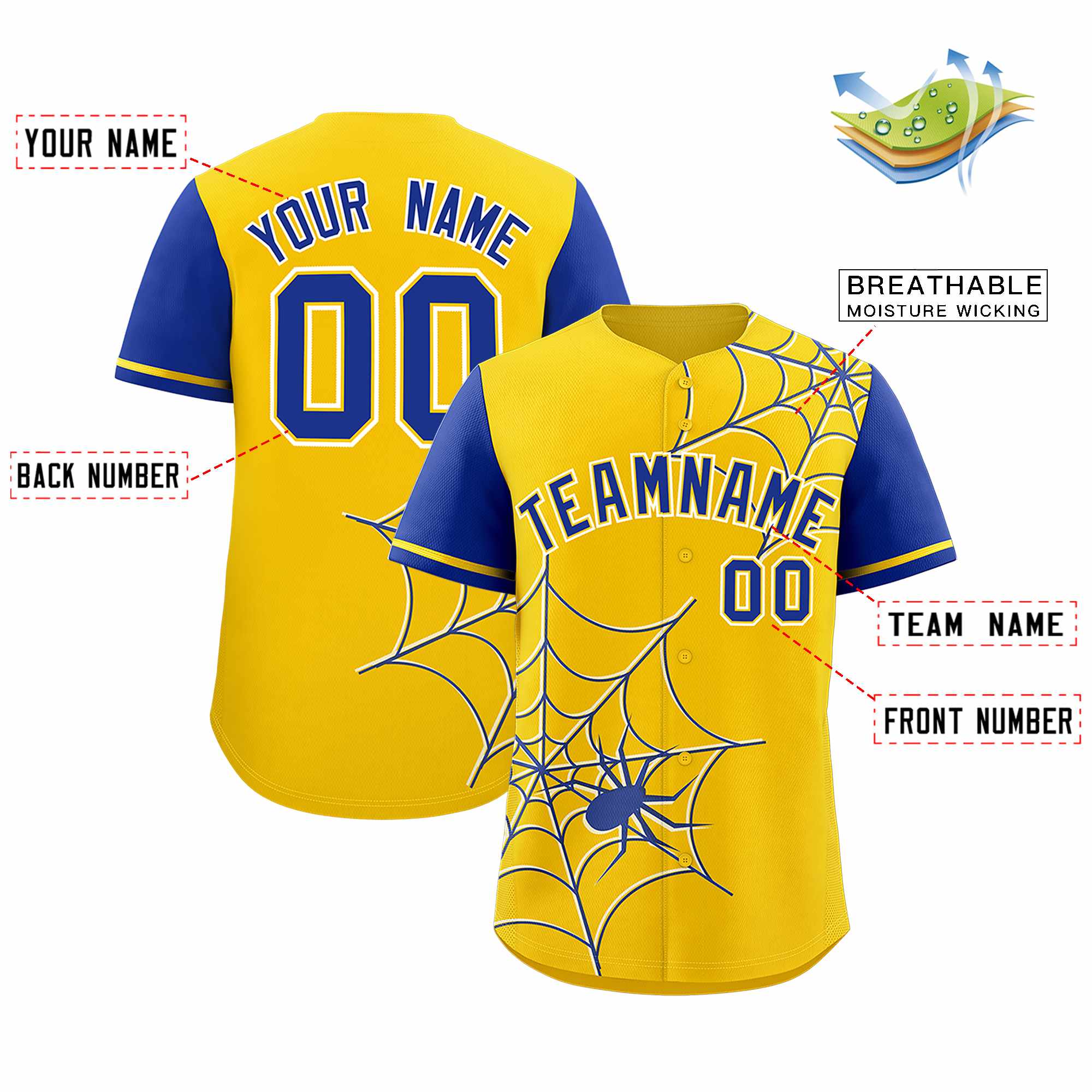 Custom Gold-Royal Spider Web Pattern Raglan Sleeves Authentic Baseball Jersey | KXKSHOP