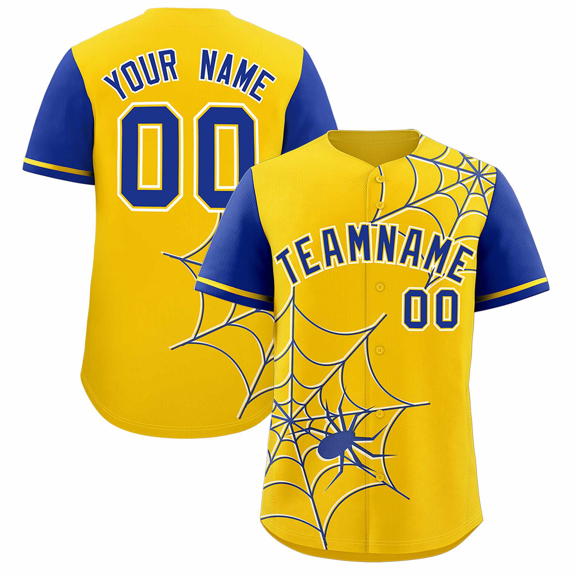 Custom Gold-Royal Spider Web Pattern Raglan Sleeves Authentic Baseball Jersey | KXKSHOP