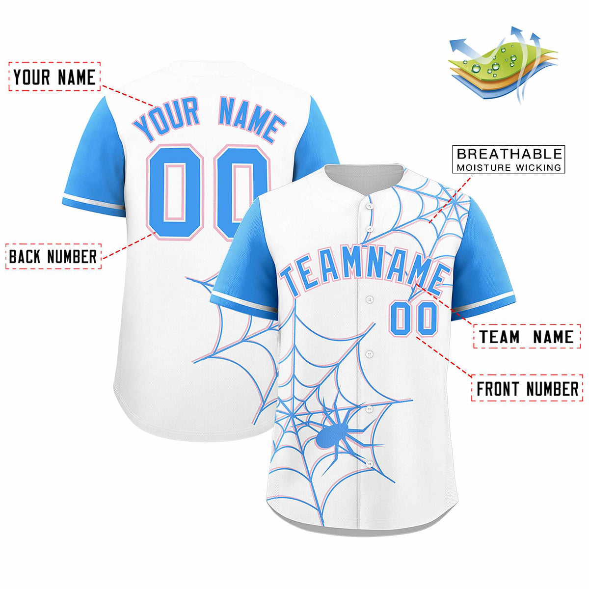 Custom White-Powder Blue Spider Web Pattern Raglan Sleeves Authentic Baseball Jersey | KXKSHOP