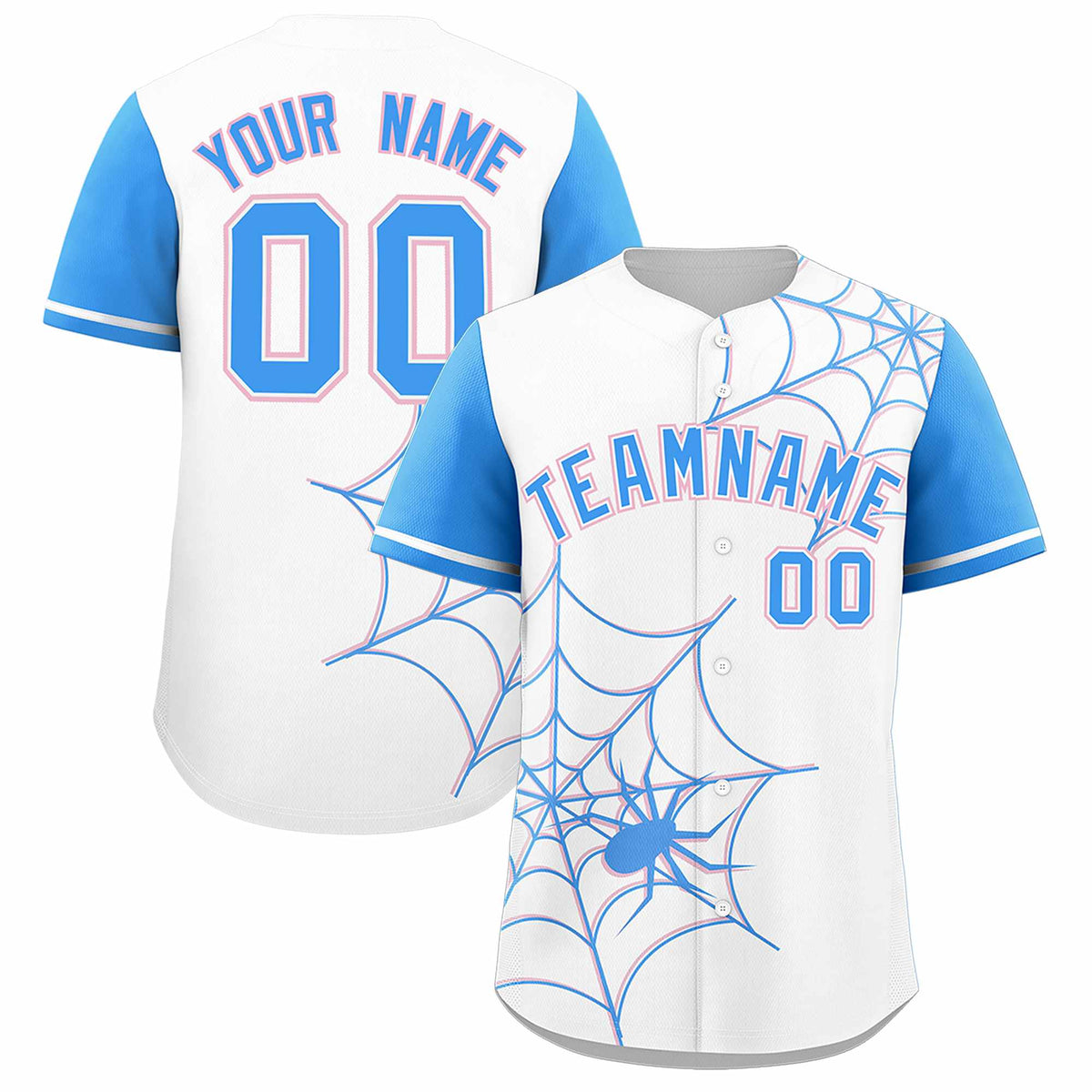 Custom White-Powder Blue Spider Web Pattern Raglan Sleeves Authentic Baseball Jersey | KXKSHOP