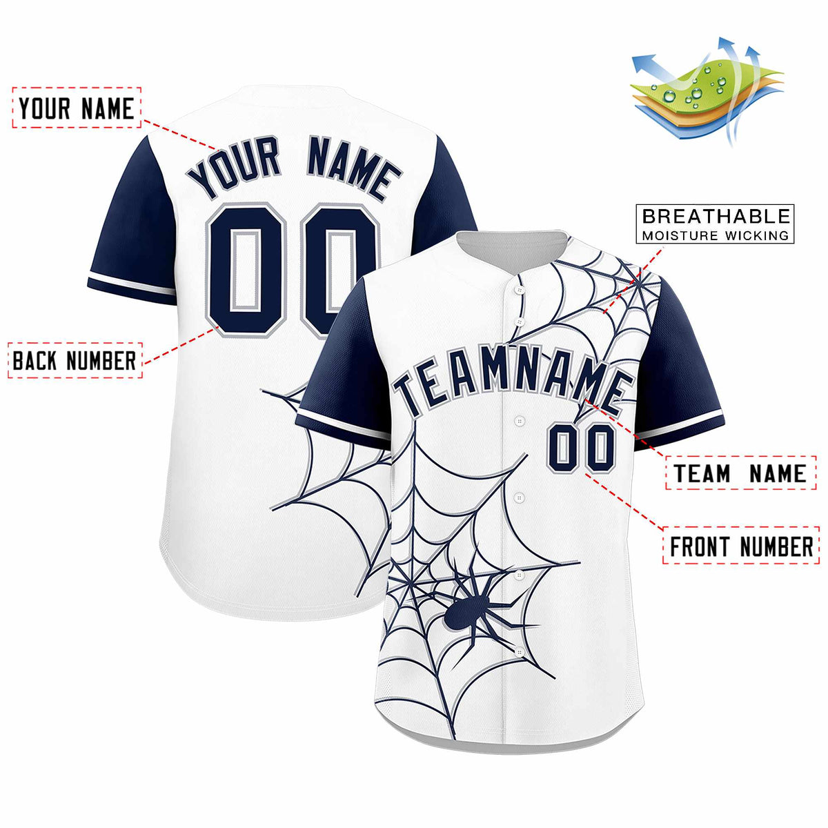 Custom White-Navy Spider Web Pattern Raglan Sleeves Authentic Baseball Jersey | KXKSHOP