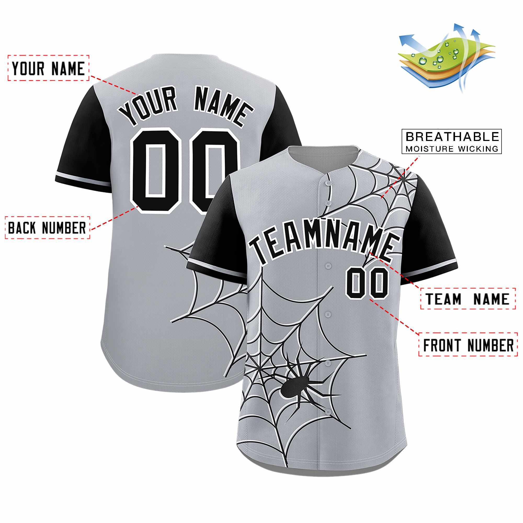 Custom Gray-Black Spider Web Pattern Raglan Sleeves Authentic Baseball Jersey | KXKSHOP
