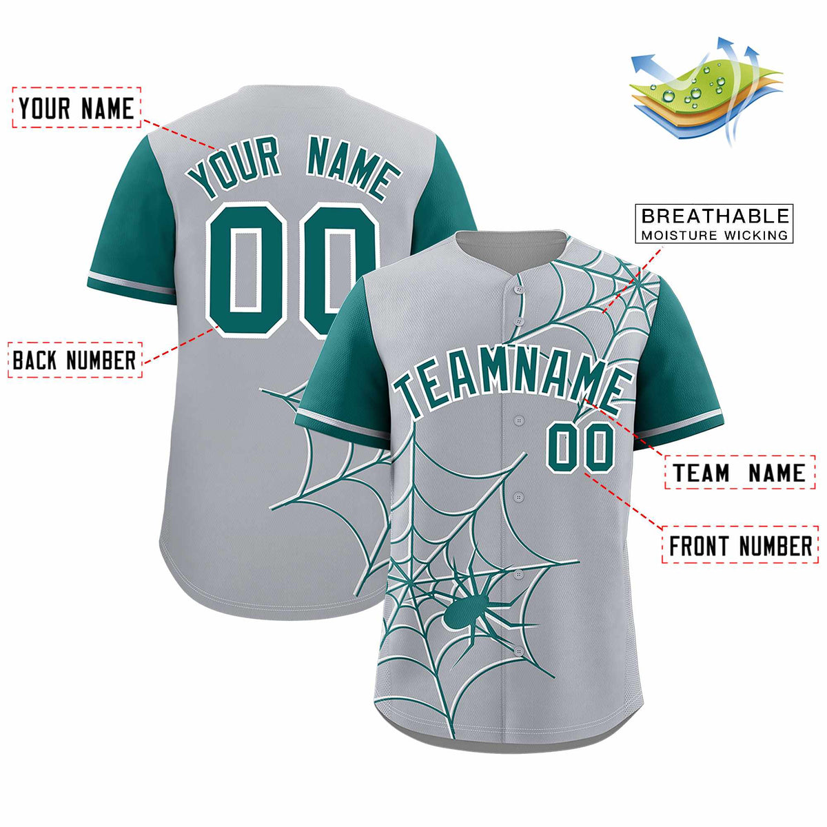 Custom Gray-Aqua Spider Web Pattern Raglan Sleeves Authentic Baseball Jersey | KXKSHOP