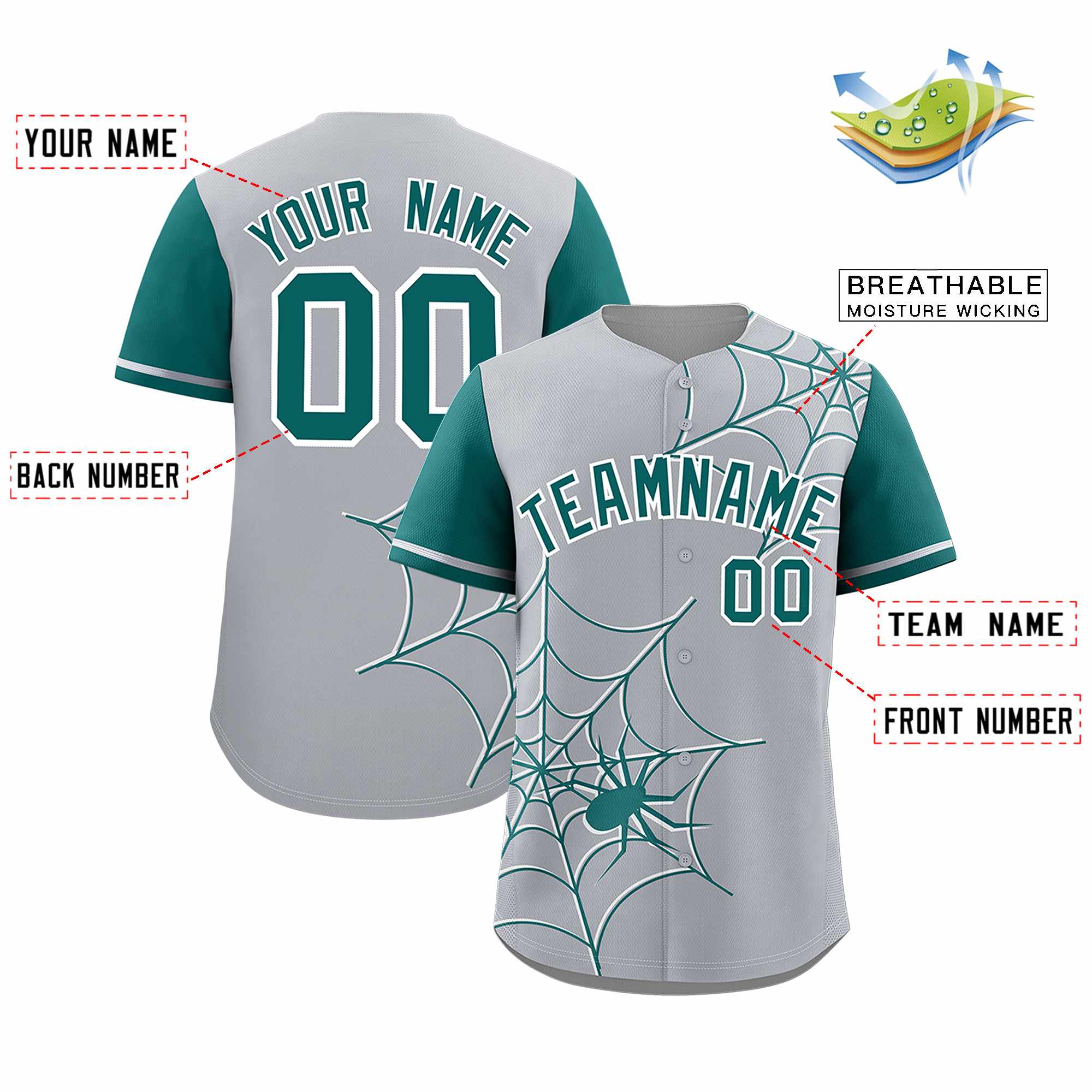 Custom Gray-Aqua Spider Web Pattern Raglan Sleeves Authentic Baseball Jersey | KXKSHOP