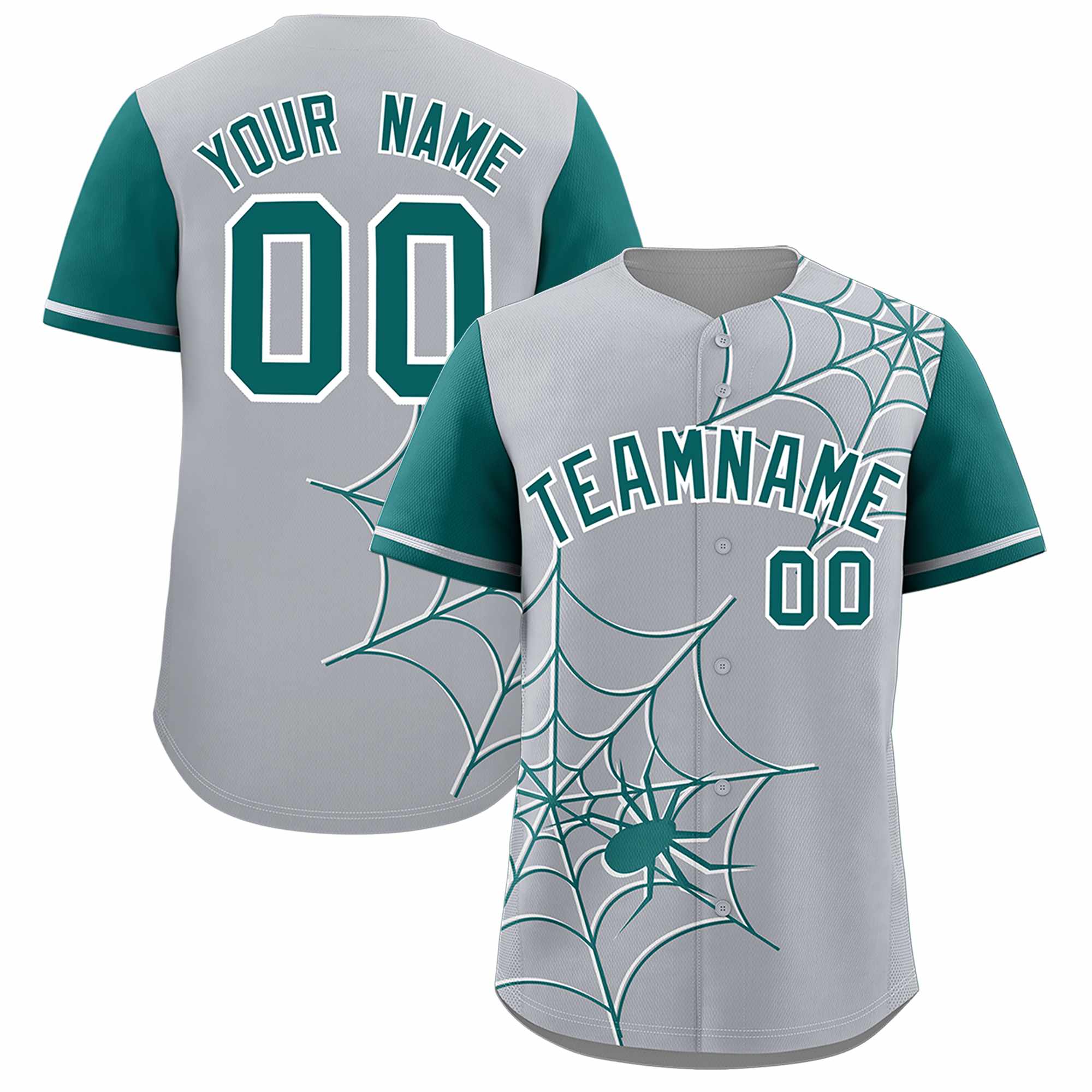 Custom Gray-Aqua Spider Web Pattern Raglan Sleeves Authentic Baseball Jersey | KXKSHOP