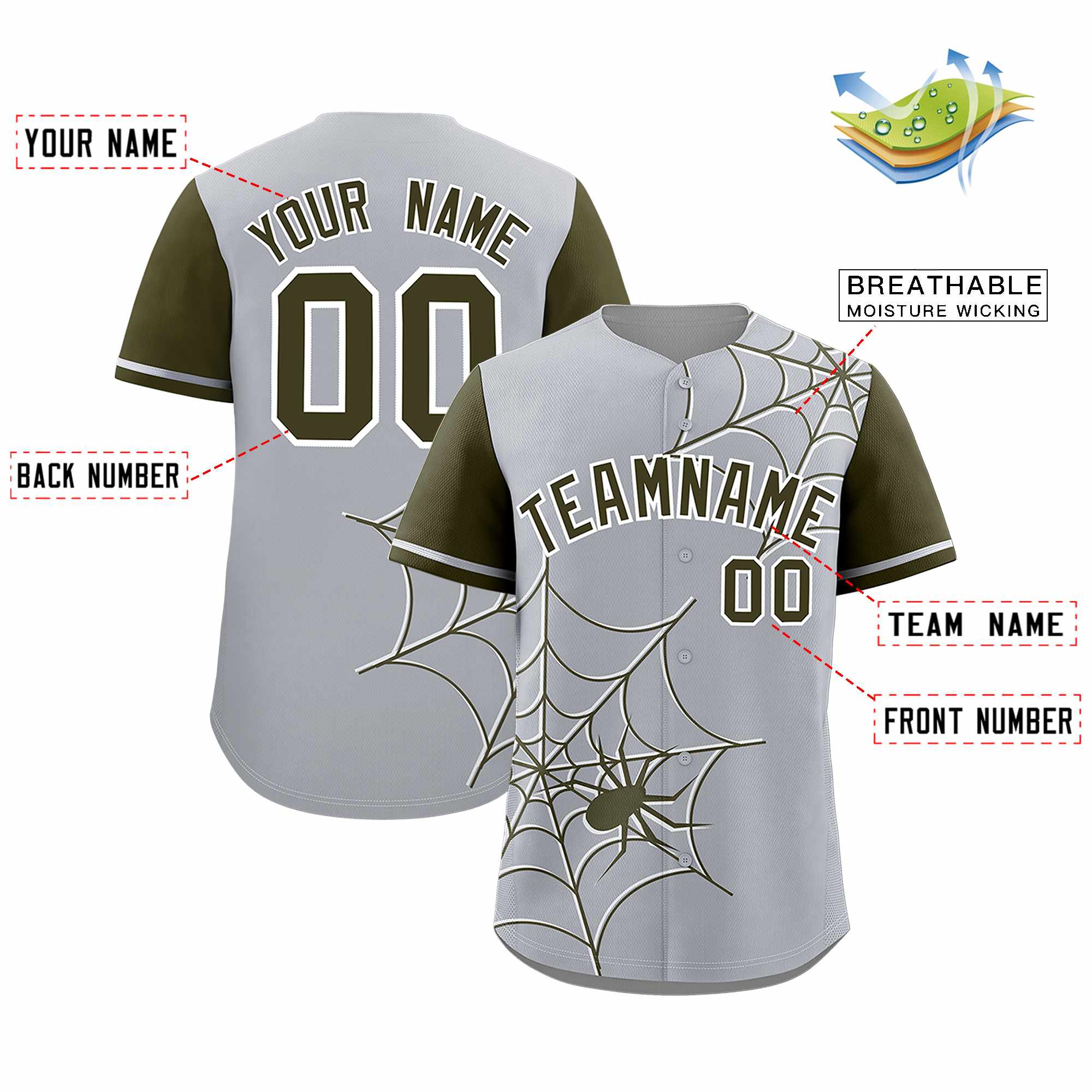 Custom Gray-Olive Spider Web Pattern Raglan Sleeves Authentic Baseball Jersey | KXKSHOP