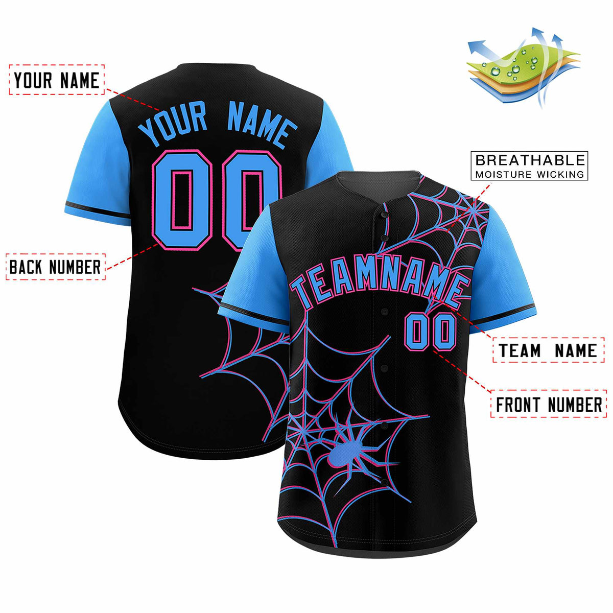 Custom Black-Powder Blue Spider Web Pattern Raglan Sleeves Authentic Baseball Jersey | KXKSHOP