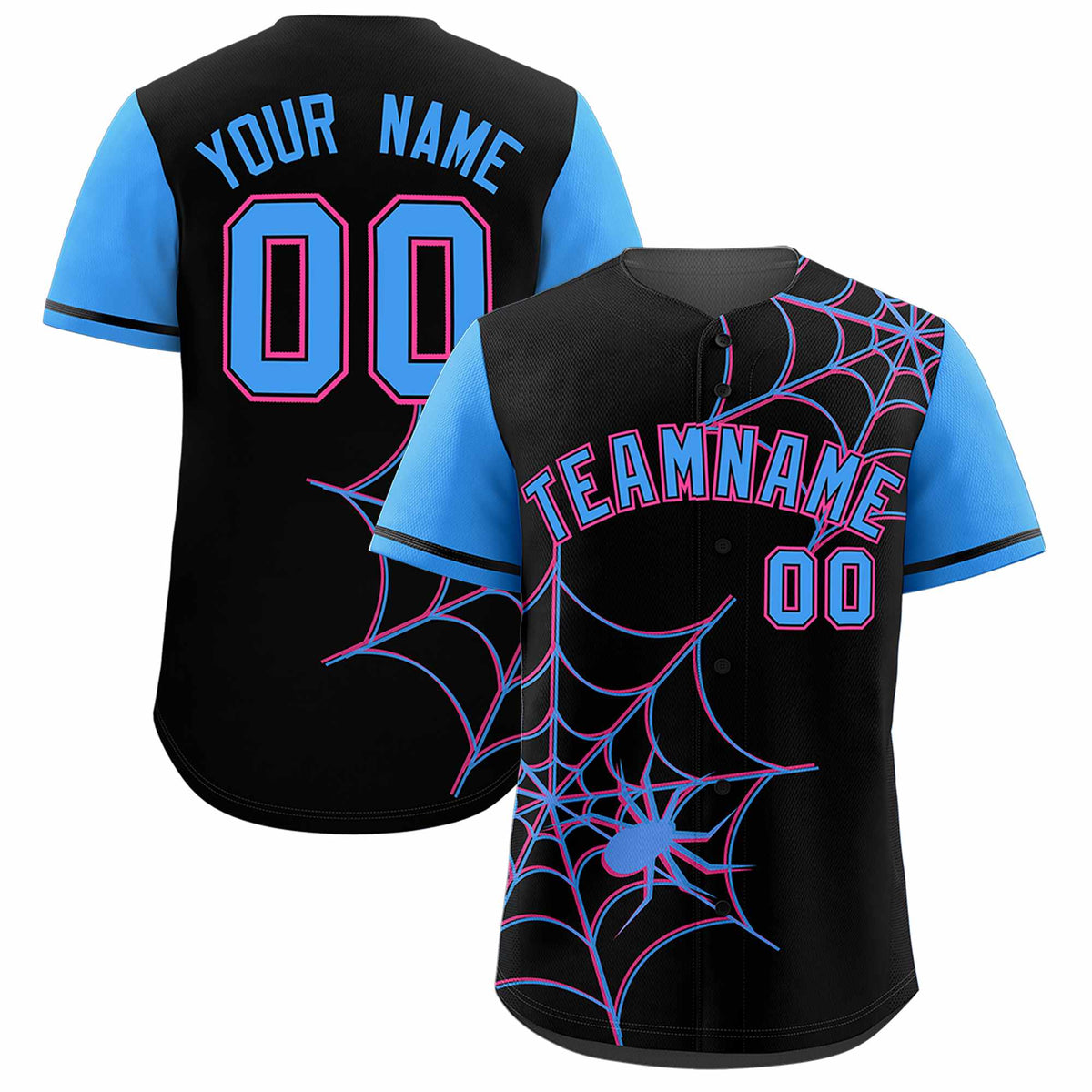 Custom Black-Powder Blue Spider Web Pattern Raglan Sleeves Authentic Baseball Jersey | KXKSHOP