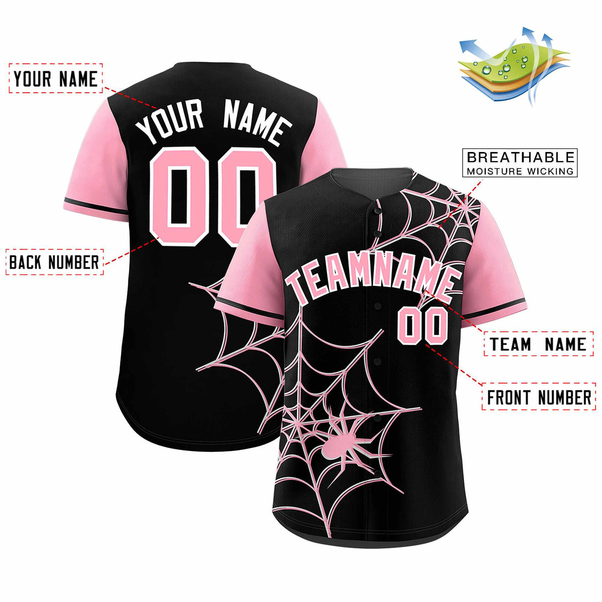 Custom Black-Light Pink Spider Web Pattern Raglan Sleeves Authentic Baseball Jersey | KXKSHOP
