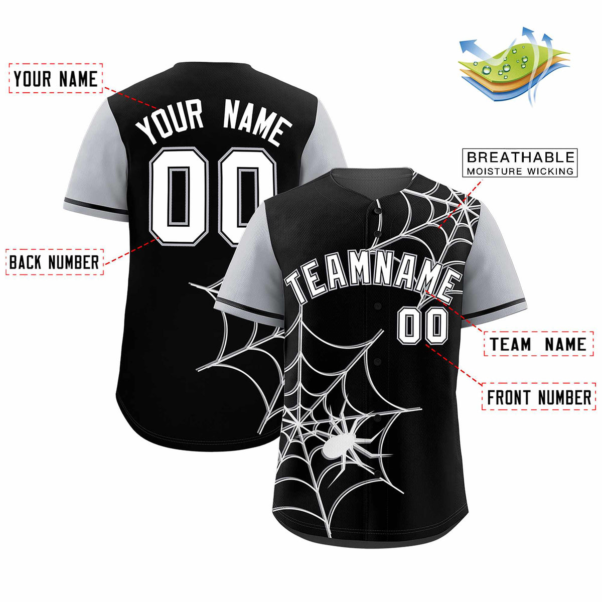 Custom Black-Gray Spider Web Pattern Raglan Sleeves Authentic Baseball Jersey | KXKSHOP