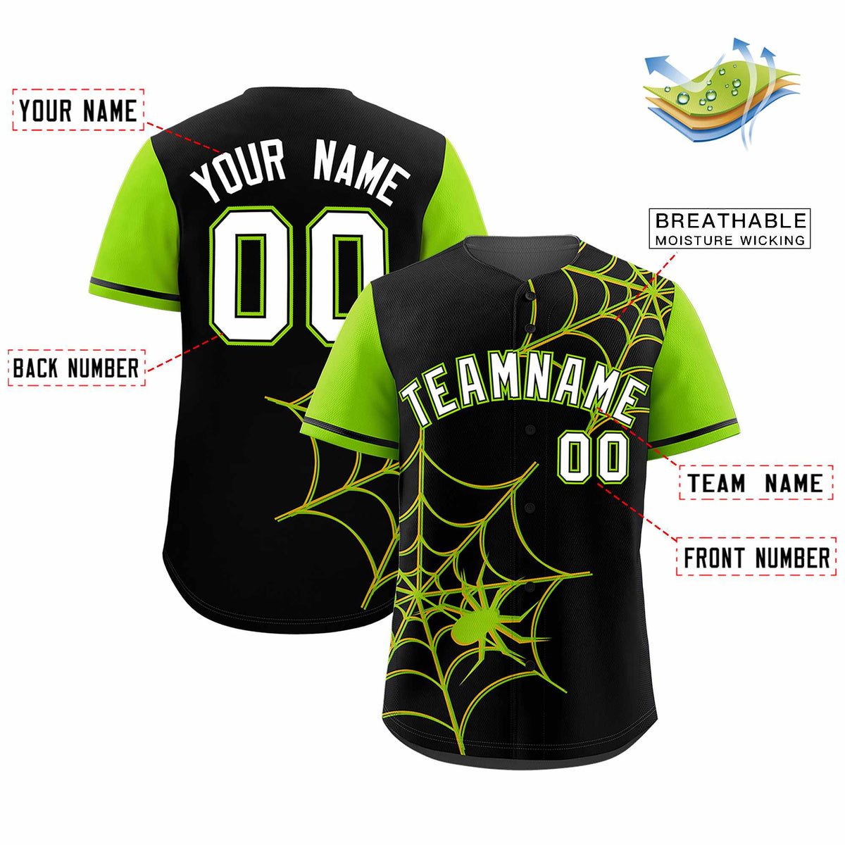 Custom Black-Neon Green Spider Web Pattern Raglan Sleeves Authentic Baseball Jersey | KXKSHOP