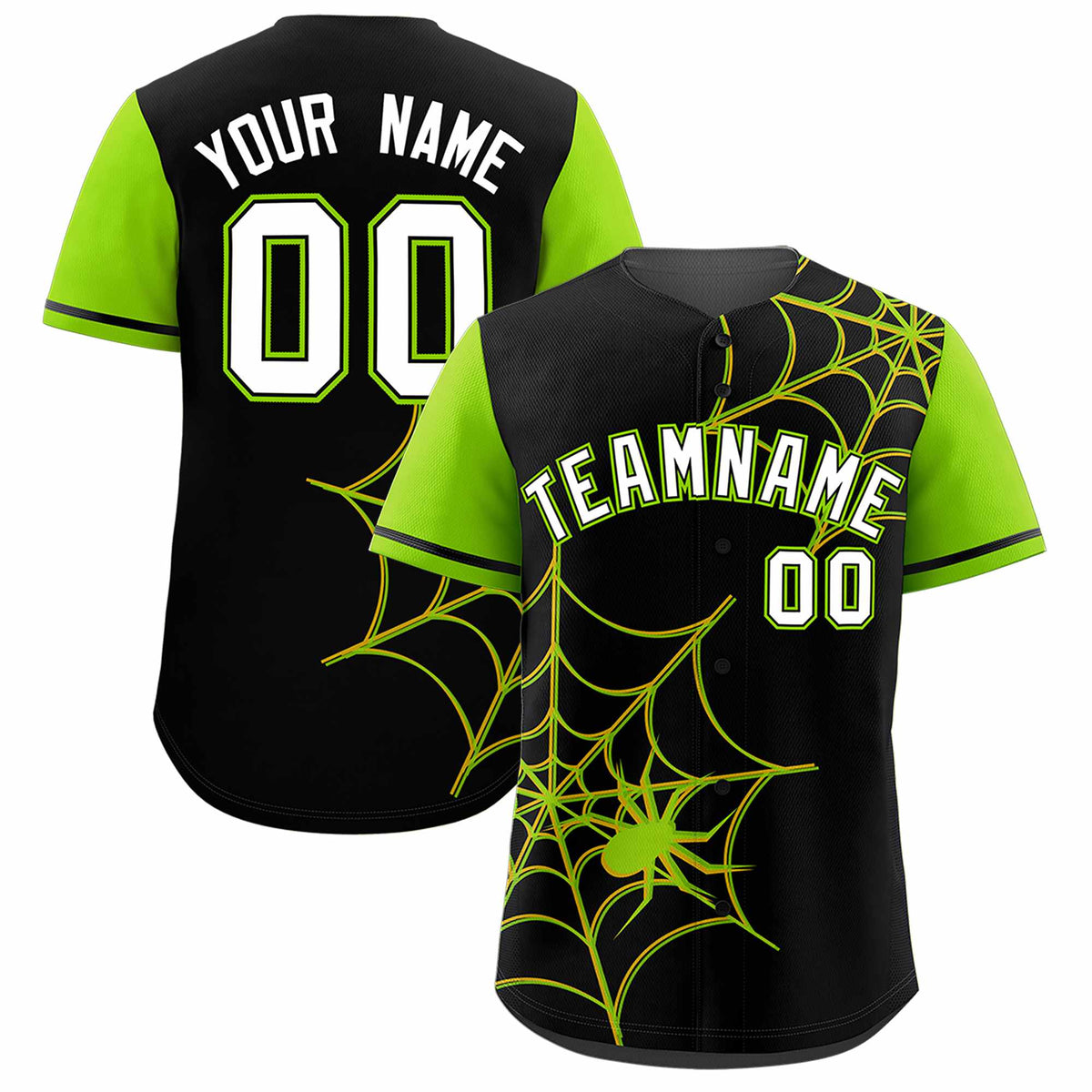 Custom Black-Neon Green Spider Web Pattern Raglan Sleeves Authentic Baseball Jersey | KXKSHOP