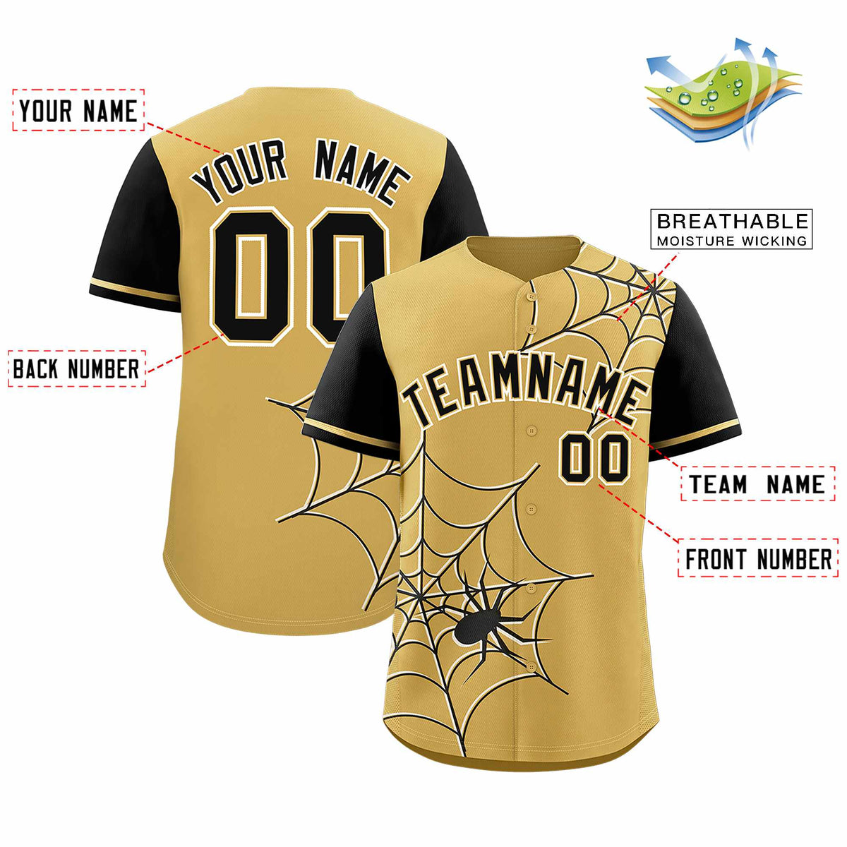Custom Old Gold-Black Spider Web Pattern Raglan Sleeves Authentic Baseball Jersey | KXKSHOP