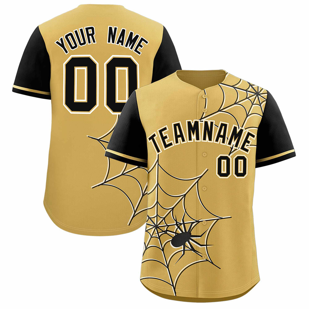 Custom Old Gold-Black Spider Web Pattern Raglan Sleeves Authentic Baseball Jersey | KXKSHOP