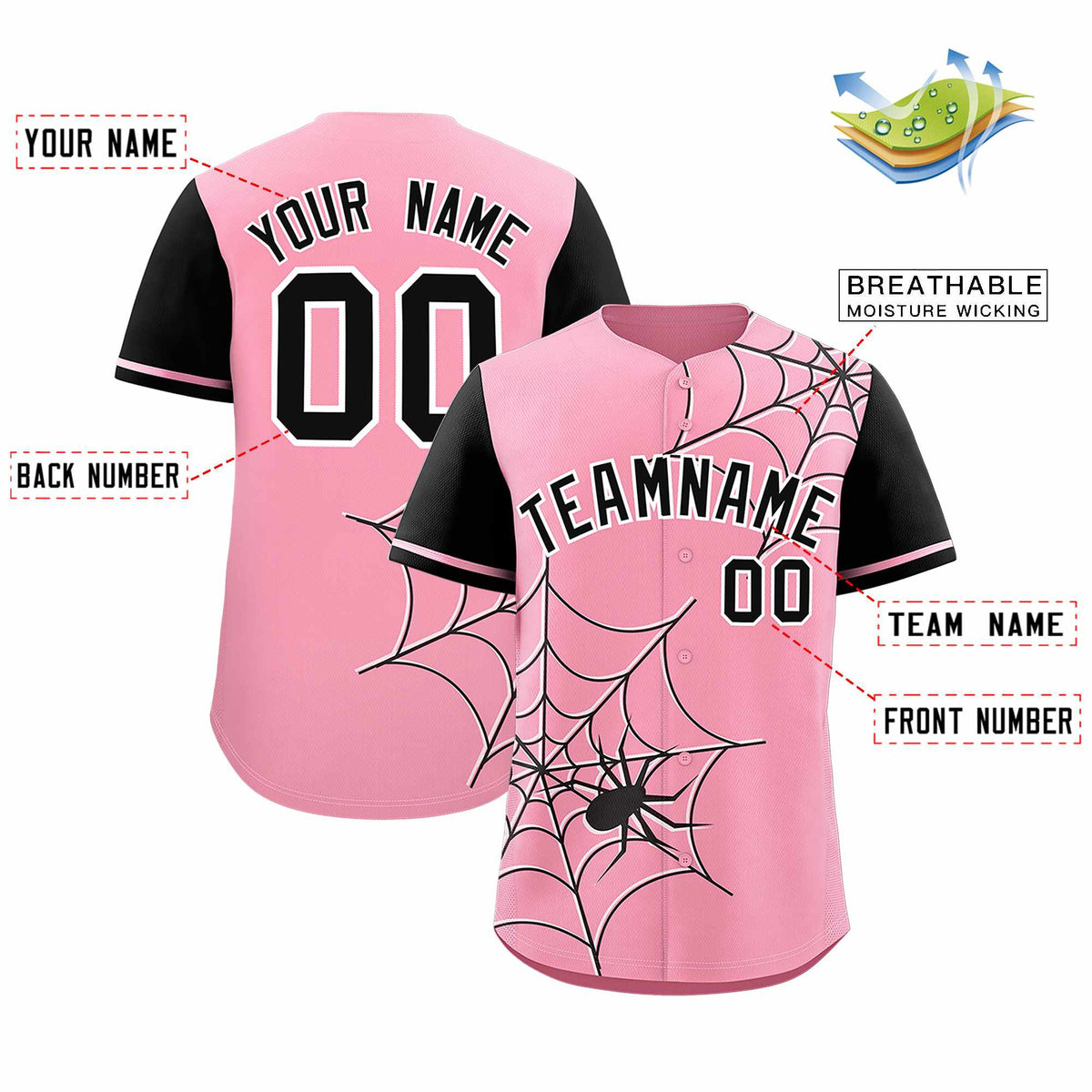Custom Light Pink-Black Spider Web Pattern Raglan Sleeves Authentic Baseball Jersey | KXKSHOP