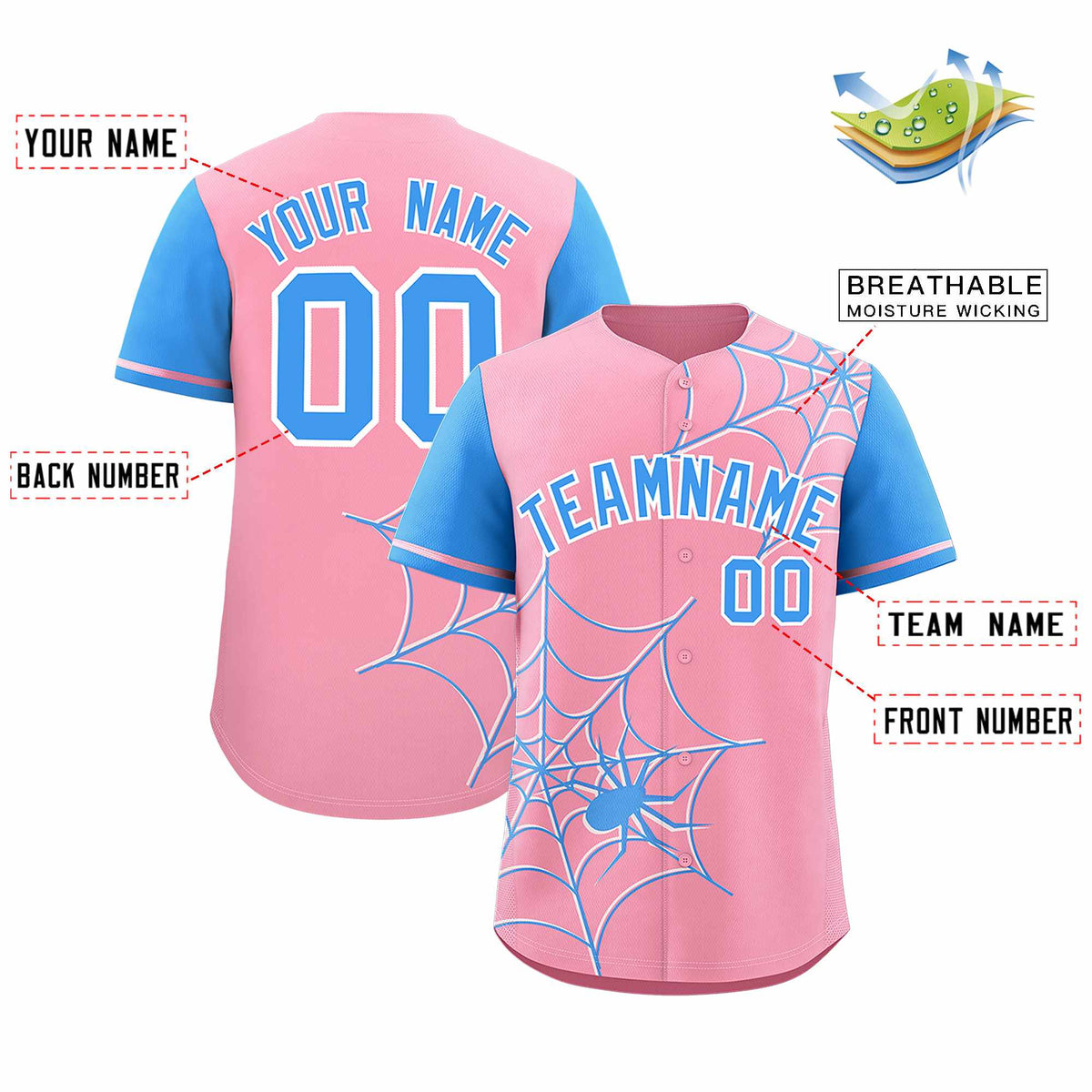 Custom Light Pink-Powder Blue Spider Web Pattern Raglan Sleeves Authentic Baseball Jersey | KXKSHOP