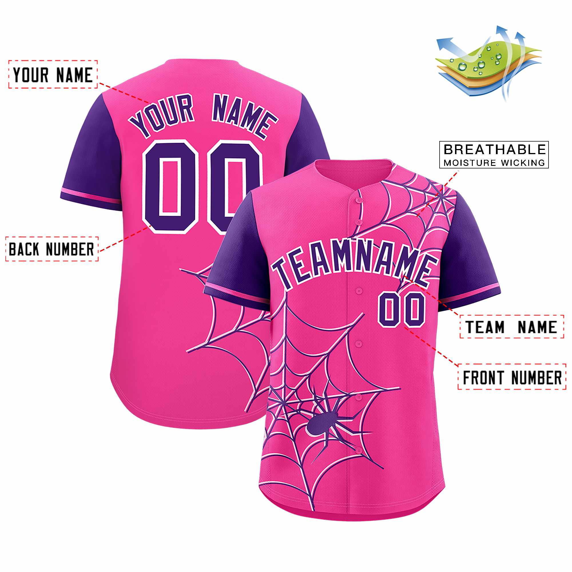 Custom Pink-Purple Spider Web Pattern Raglan Sleeves Authentic Baseball Jersey | KXKSHOP