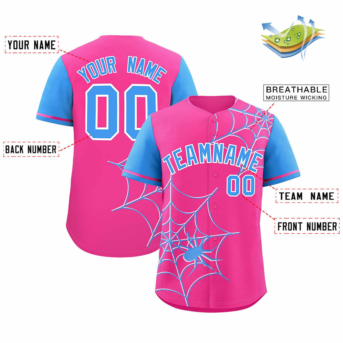 Custom Pink-Powder Blue Spider Web Pattern Raglan Sleeves Authentic Baseball Jersey | KXKSHOP