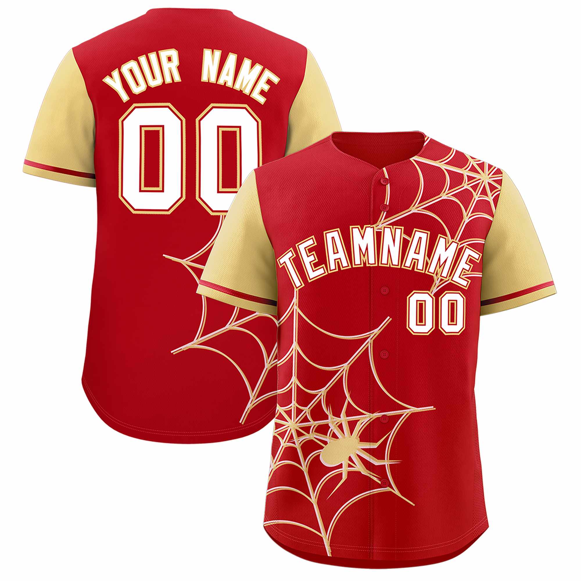 Custom Red-Khaki Spider Web Pattern Raglan Sleeves Authentic Baseball Jersey | KXKSHOP