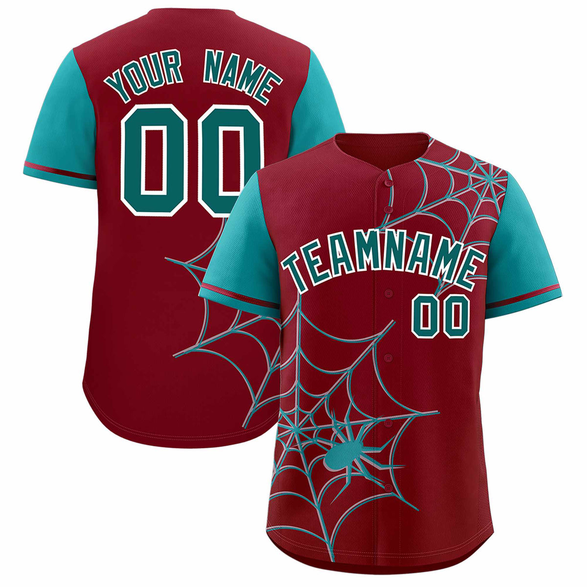 Custom Crimson-Aqua Spider Web Pattern Raglan Sleeves Authentic Baseball Jersey | KXKSHOP
