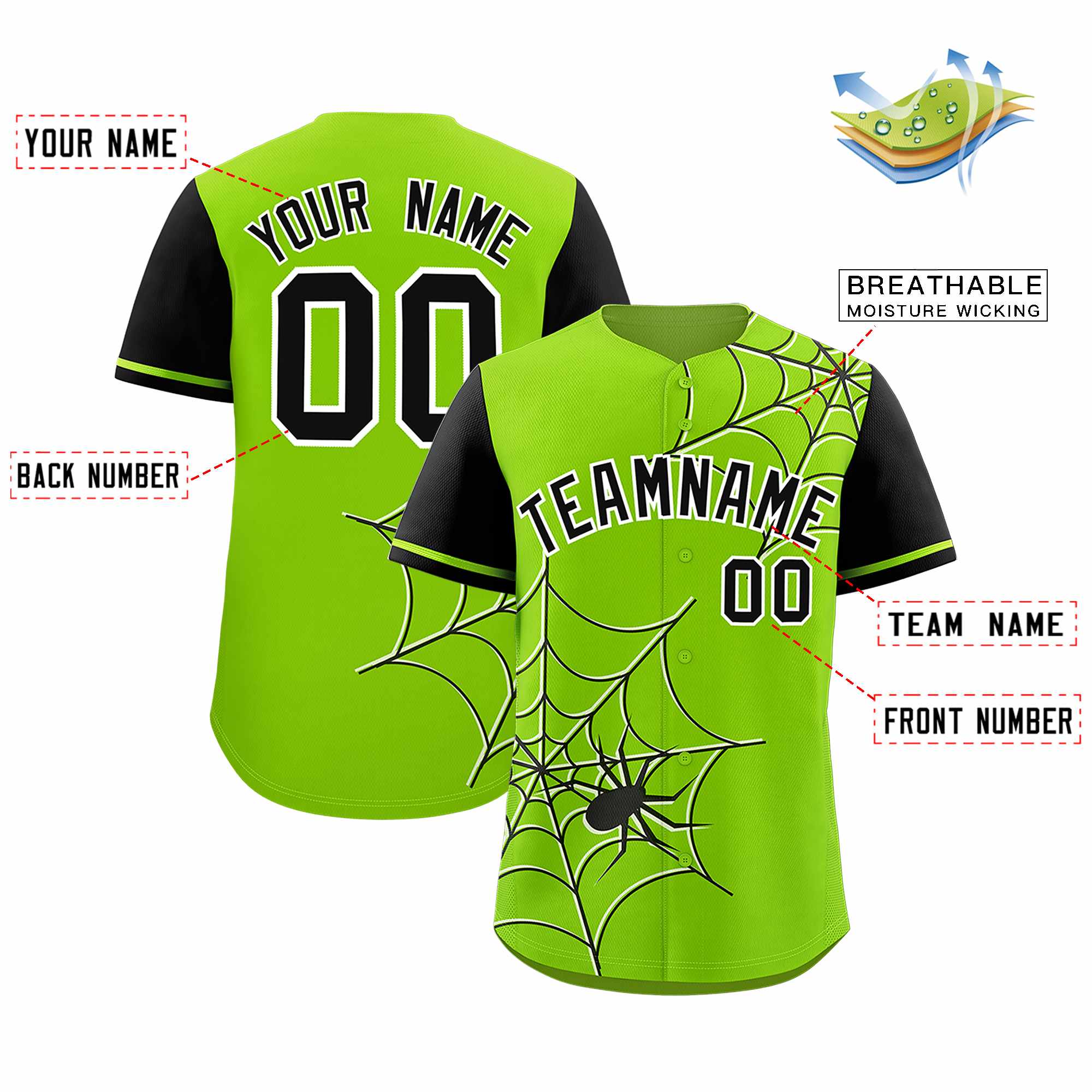 Custom Neon Green-Black Spider Web Pattern Raglan Sleeves Authentic Baseball Jersey | KXKSHOP