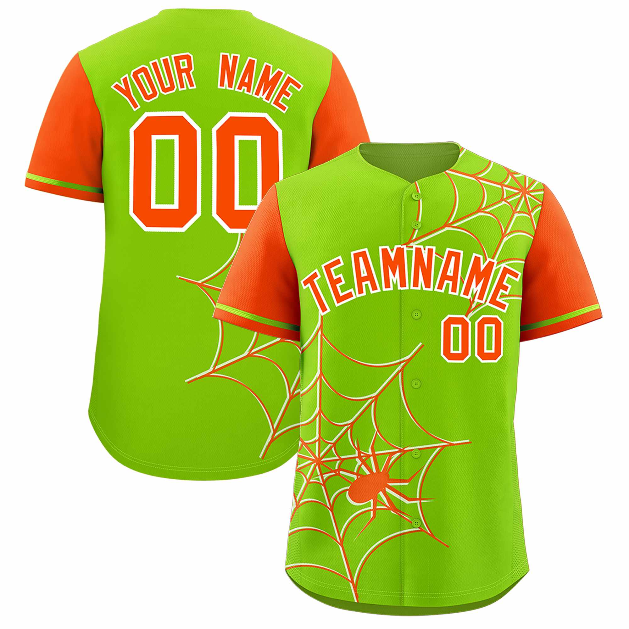 Custom Neon Green-Orange Spider Web Pattern Raglan Sleeves Authentic Baseball Jersey | KXKSHOP