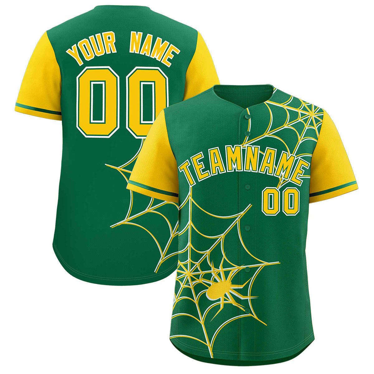 Custom Kelly Green-Gold Spider Web Pattern Raglan Sleeves Authentic Baseball Jersey | KXKSHOP