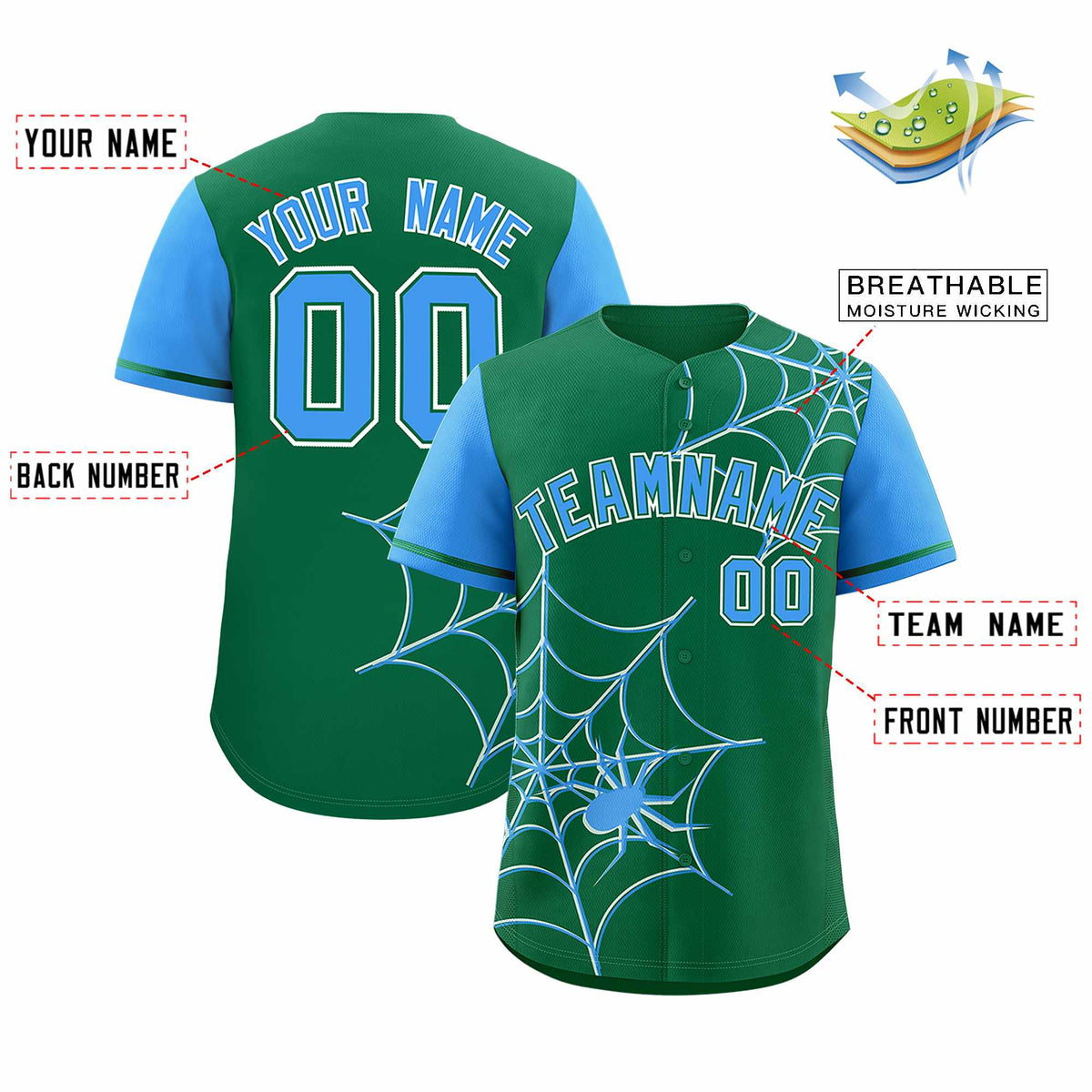 Custom Kelly Green-Powder Blue Spider Web Pattern Raglan Sleeves Authentic Baseball Jersey | KXKSHOP